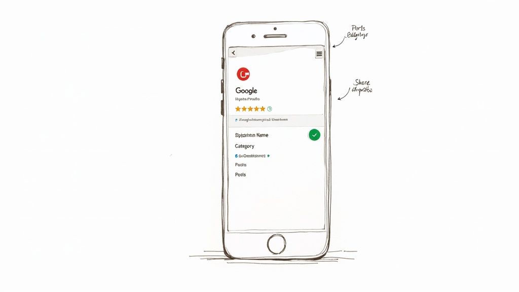 Mobile phone displaying Google My Business profile page with star ratings and business information