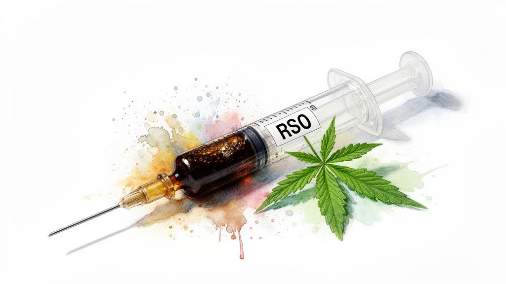 A syringe filled with dark RSO oil, accompanied by a green cannabis leaf and watercolor splashes.