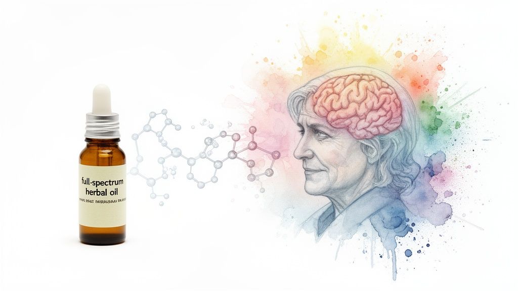 Full-spectrum herbal oil bottle and molecular structures connecting to an elderly person's brain.
