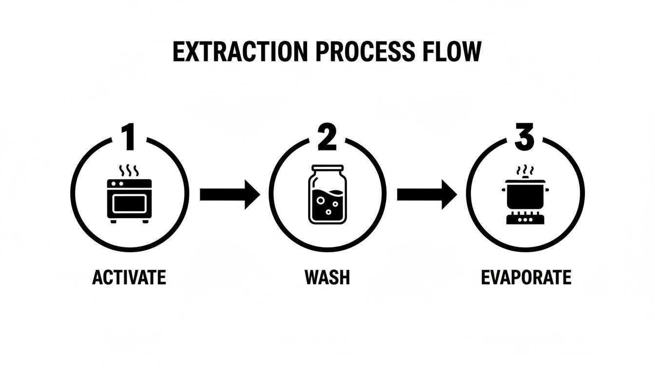 Flow diagram illustrating a three-step extraction process: activate with an oven, wash in a jar, and evaporate with a pot.