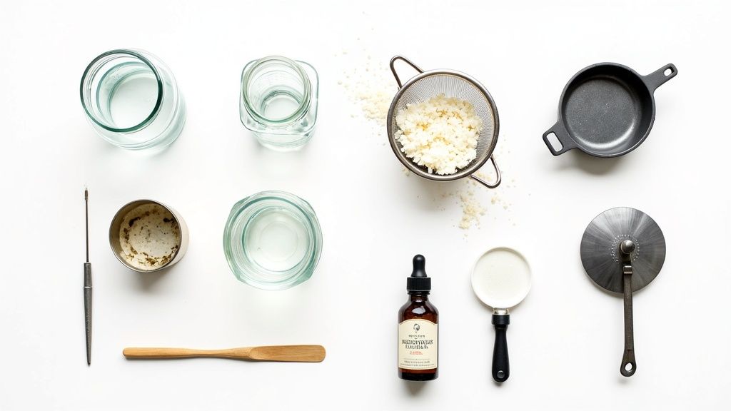 Overhead view of various tools and ingredients for a DIY preparation, including jars, a strainer, and a dropper bottle.