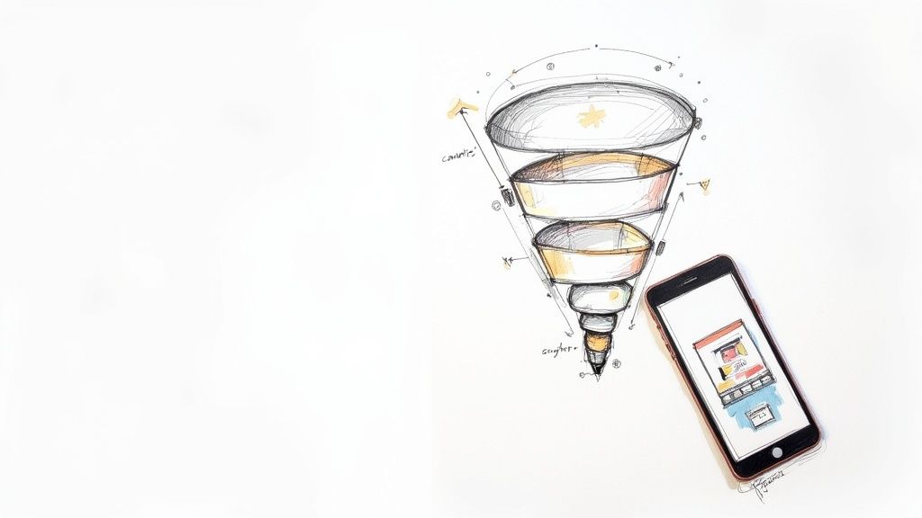 Hand-drawn marketing funnel illustration beside a smartphone displaying a colorful digital interface.