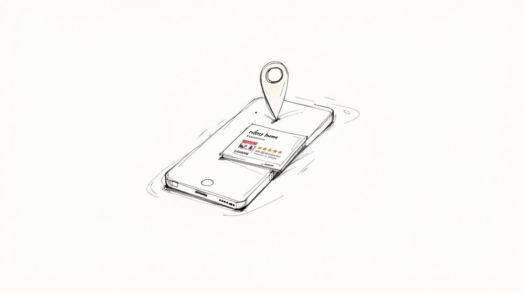 Line drawing of a smartphone displaying a map pin and a local business listing with star ratings.