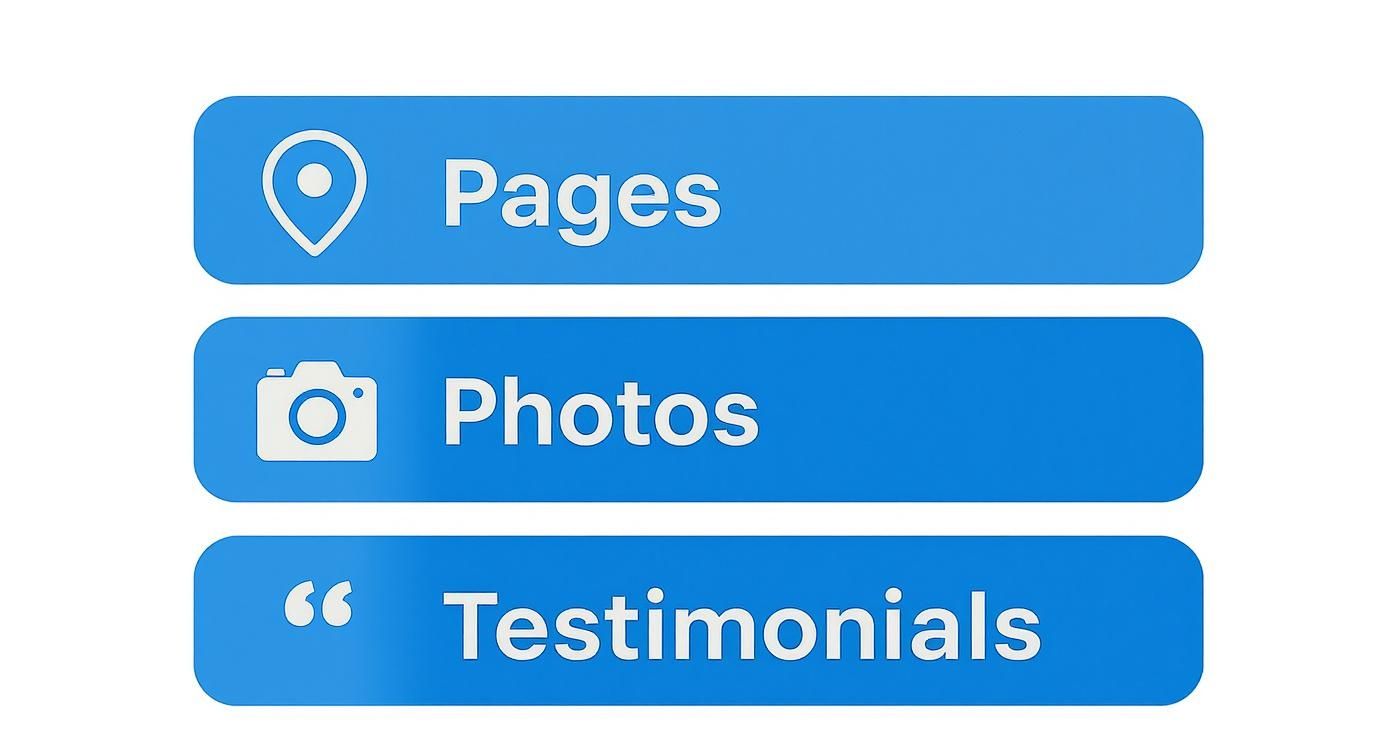 Three blue digital buttons representing sections for a business profile: Pages, Photos, Testimonials.