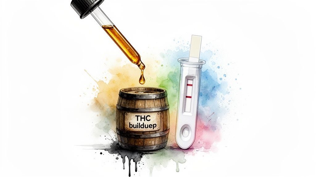 A dropper adds liquid to a barrel labeled 'THC buildup', next to a positive drug test.