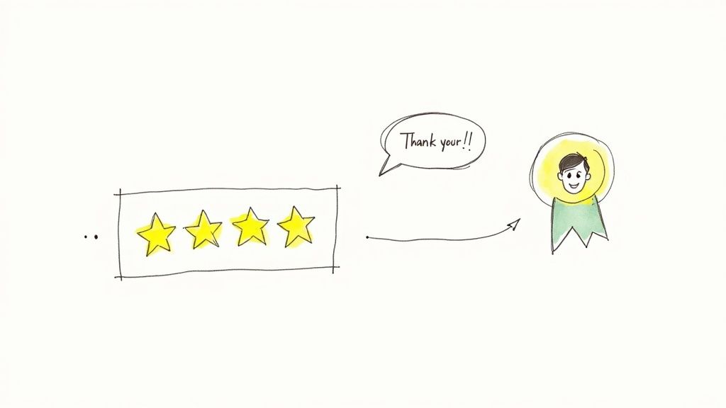 A hand-drawn illustration depicting four stars leading to a speech bubble saying 'Thank your!!' and a rewarded person.