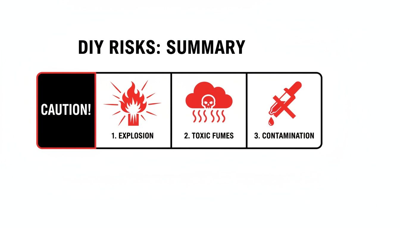A DIY risks summary showing caution for explosion, toxic fumes, and contamination.