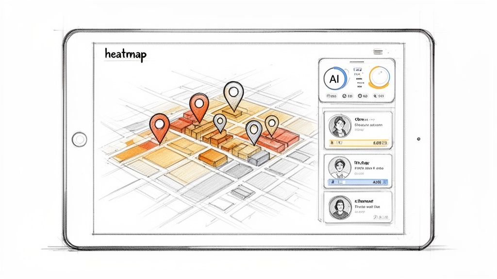 A sketch of a tablet displaying a heatmap application with city blocks, color-coded areas, and user profiles.