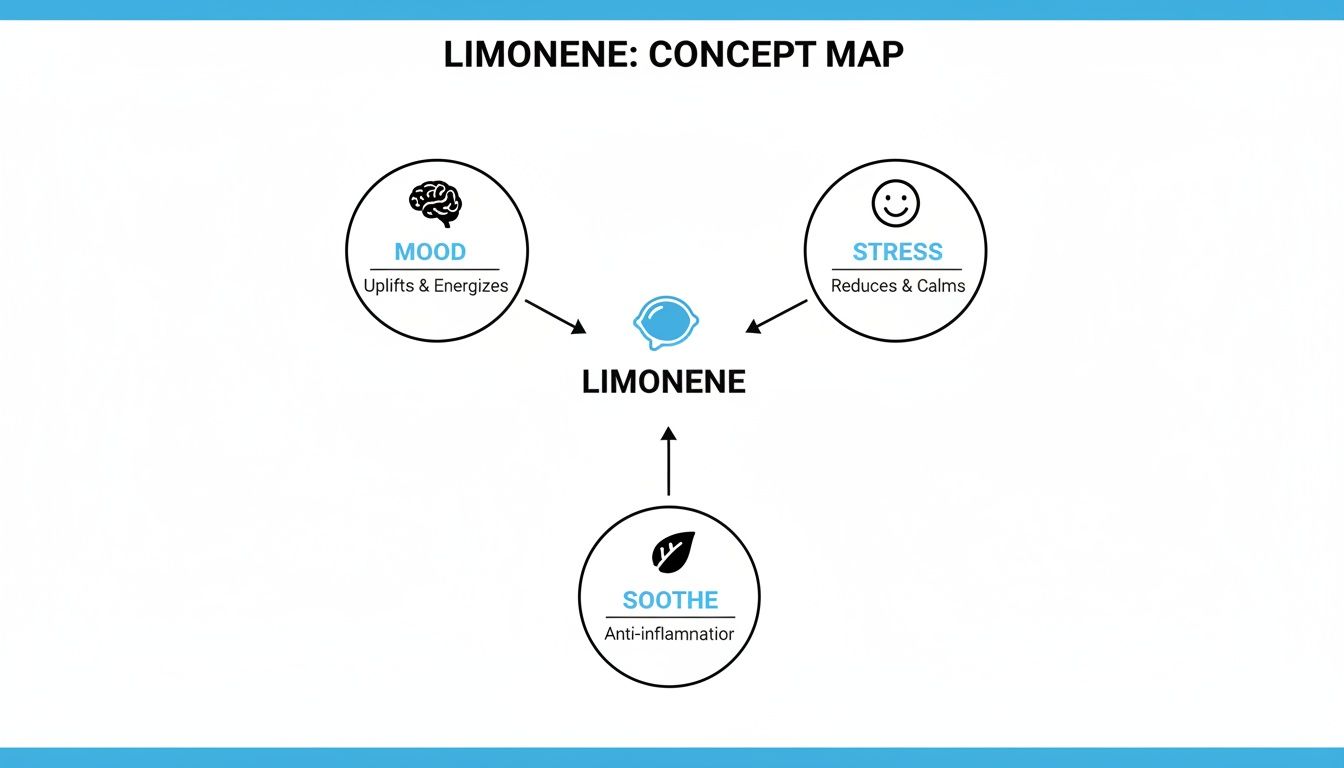 A concept map showing Limonene's effects on mood (uplifts & energizes), stress (reduces & calms), and soothing anti-inflammation.