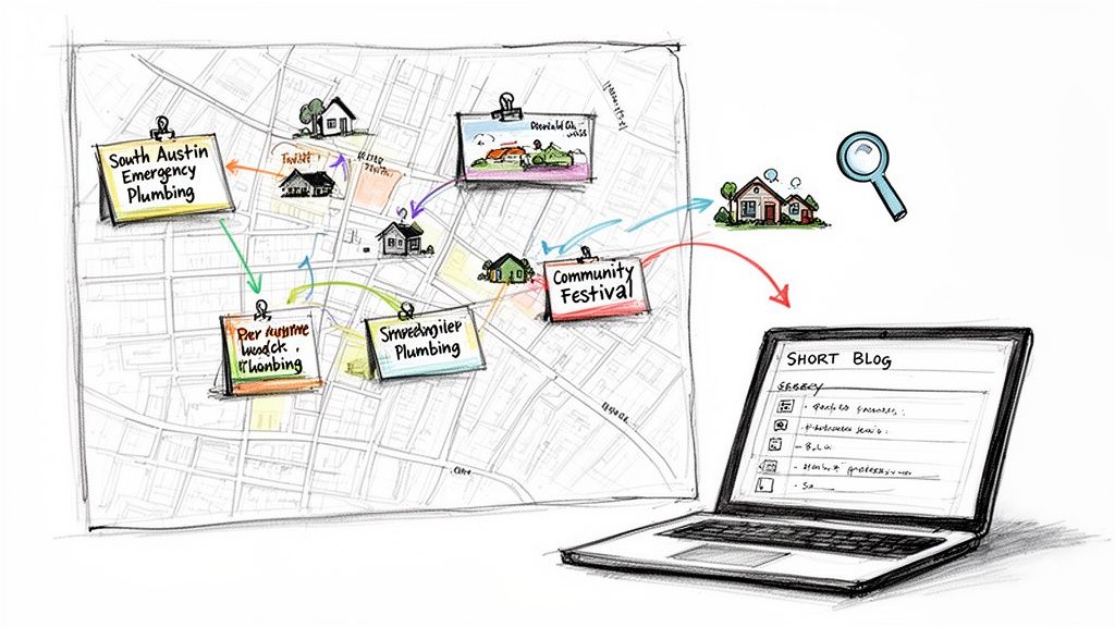 Hand-drawn map with local businesses, a community festival, houses, and a laptop displaying a blog.