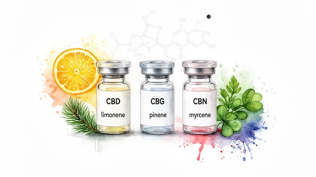 Three vials labeled CBD, CBG, CBN with plant elements and chemical structures, representing cannabis compounds.