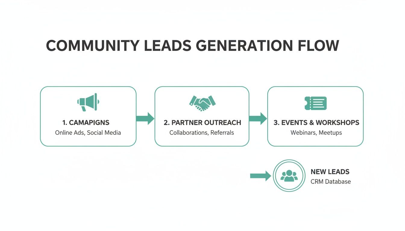 A flowchart illustrating the community leads generation process, including campaigns, partner outreach, and events, resulting in new CRM leads.
