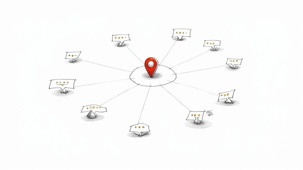 Red map pin marker connected to multiple business locations showing local SEO network structure