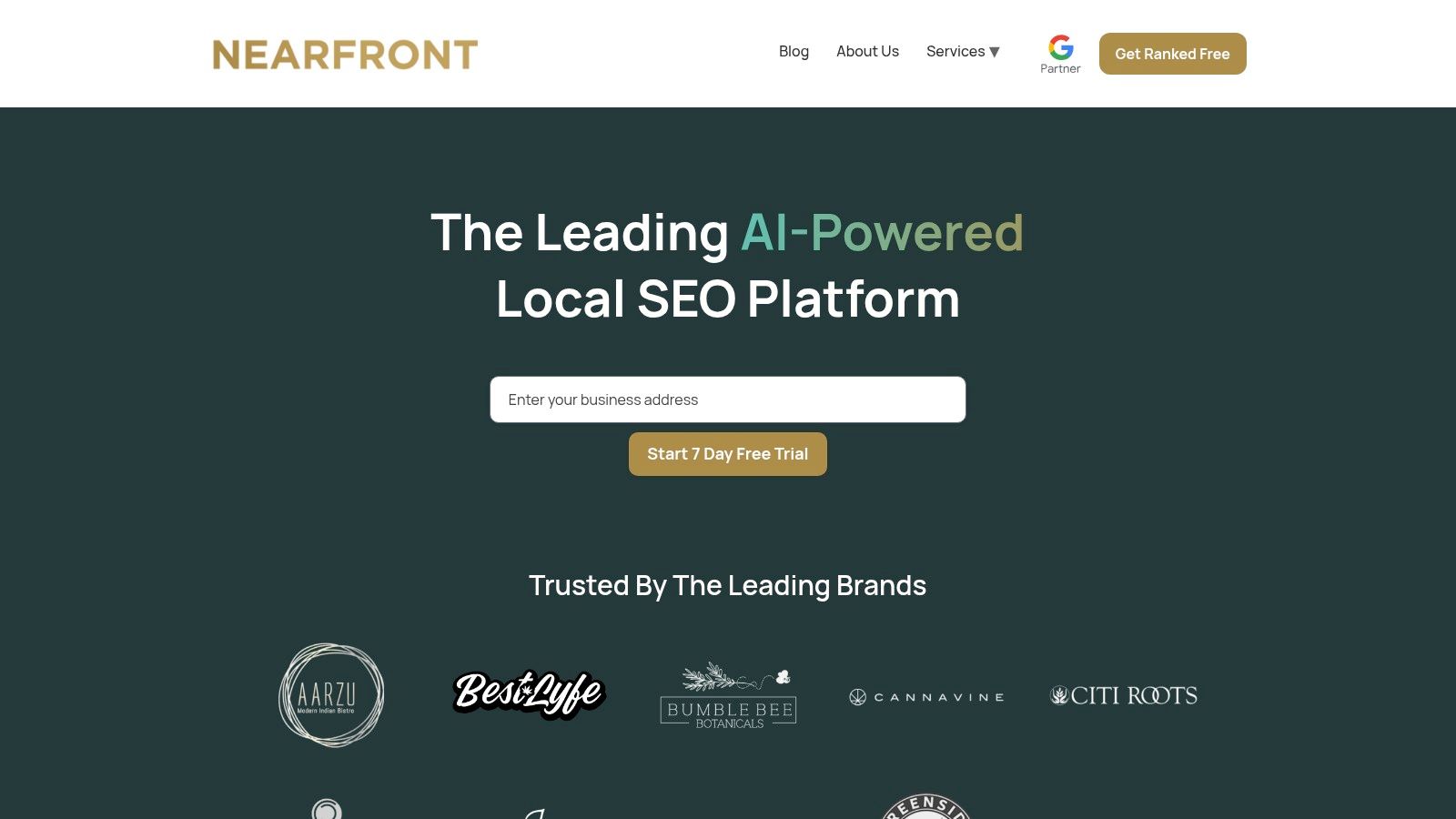 Nearfront dashboard showing local SEO performance metrics and keyword tracking