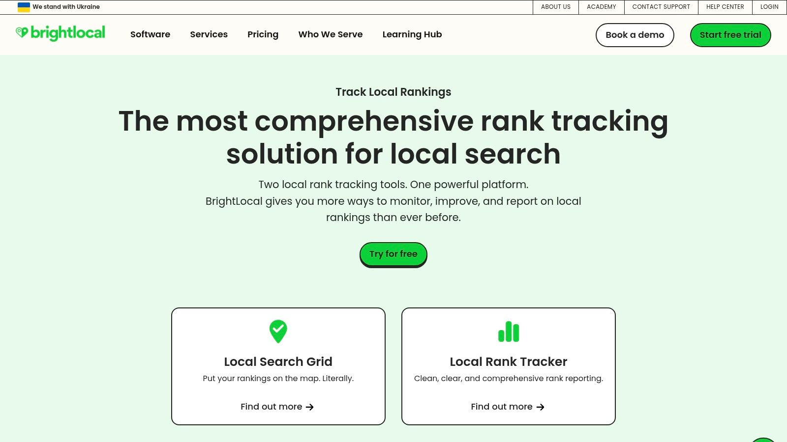BrightLocal's Local Search Grid feature showing a heatmap of local search rankings.