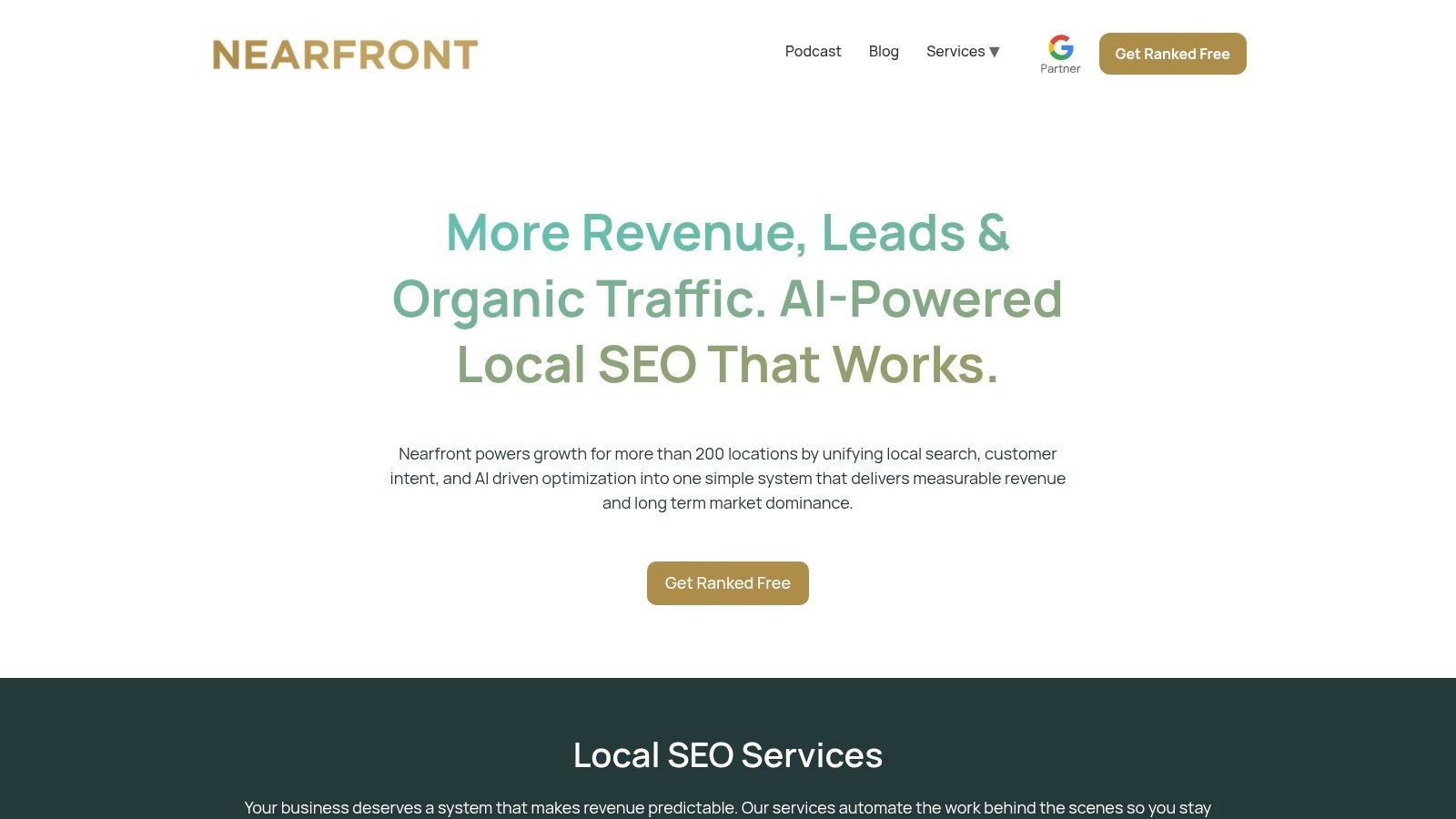 Nearfront dashboard showing local SEO reporting tools with heatmaps and performance data