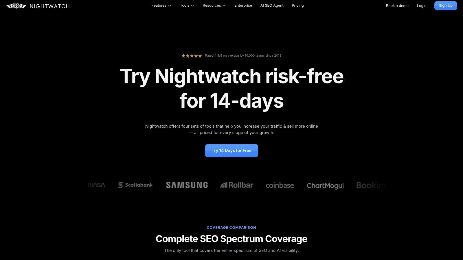 Nightwatch dashboard showing keyword rank tracking data.