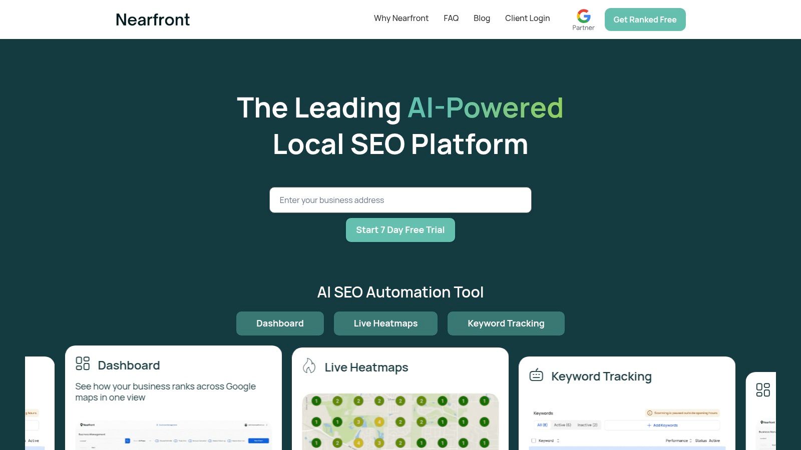 Nearfront dashboard showing local ranking heatmaps for multiple keywords and locations