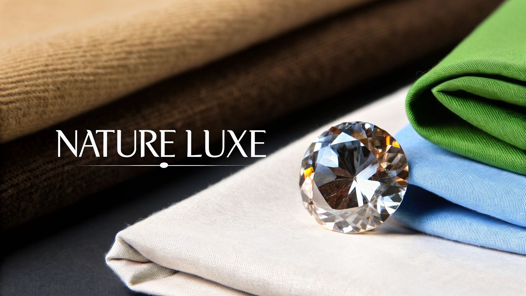 A large sparkling diamond on cream fabric, surrounded by rolls of natural-colored textiles with 'NATURE LUXE' text.