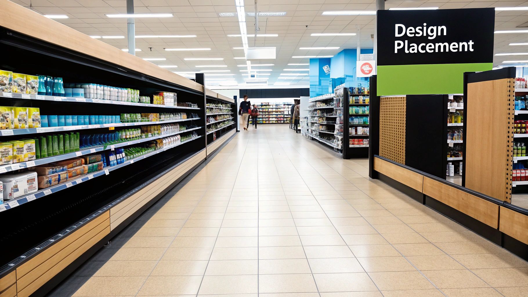 A brightly lit grocery store aisle with stocked shelves and a prominent 'Design Placement' sign.