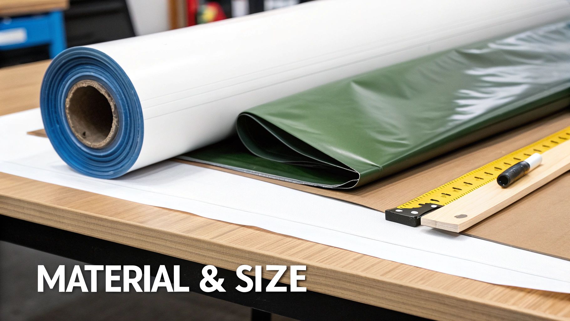 Various materials for large format printing, including a white roll, green fabric, and a ruler on a wooden table.