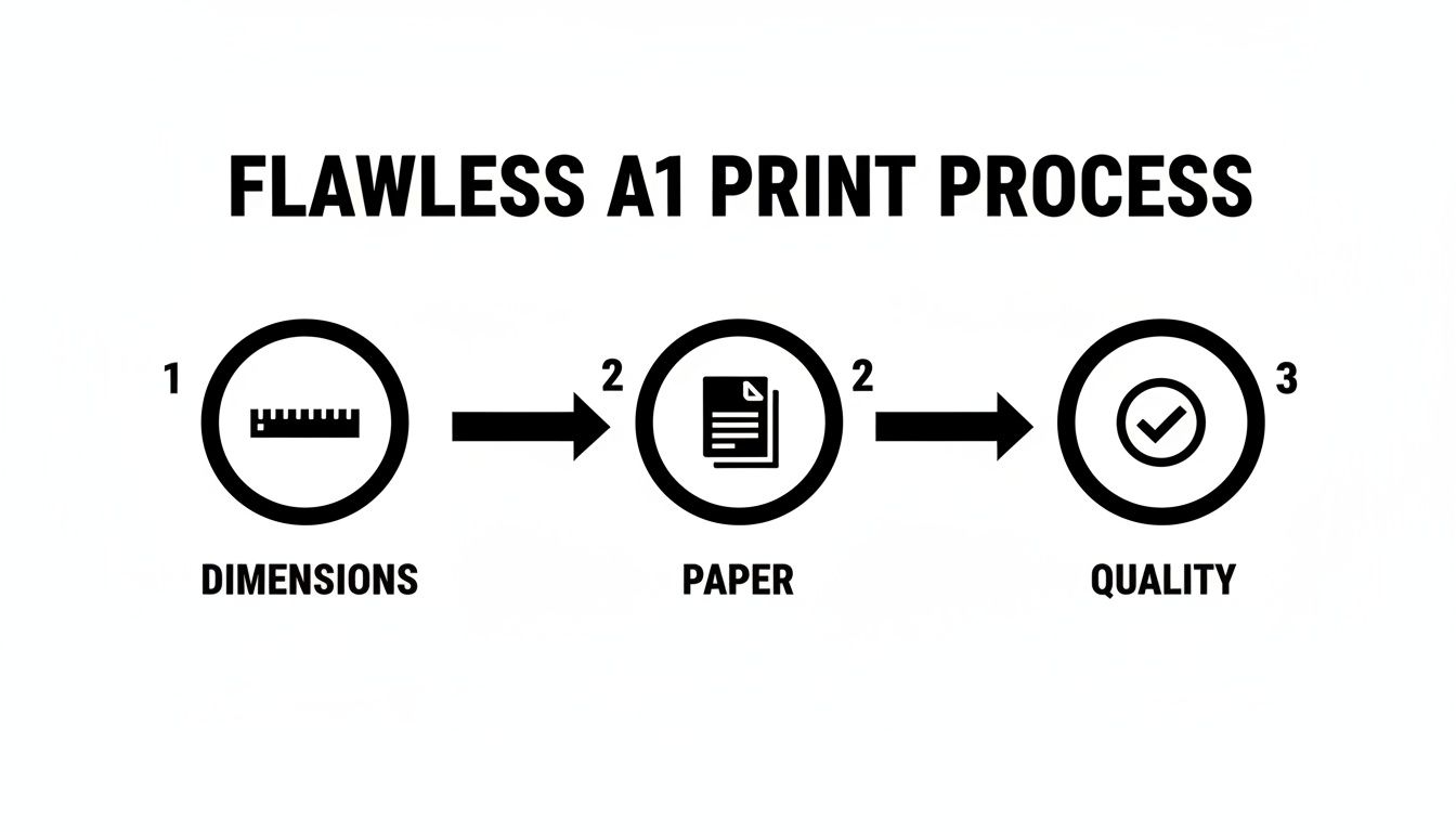 Flowchart illustrating the 'Flawless A1 Print Process' with steps for dimensions, paper, and quality control.
