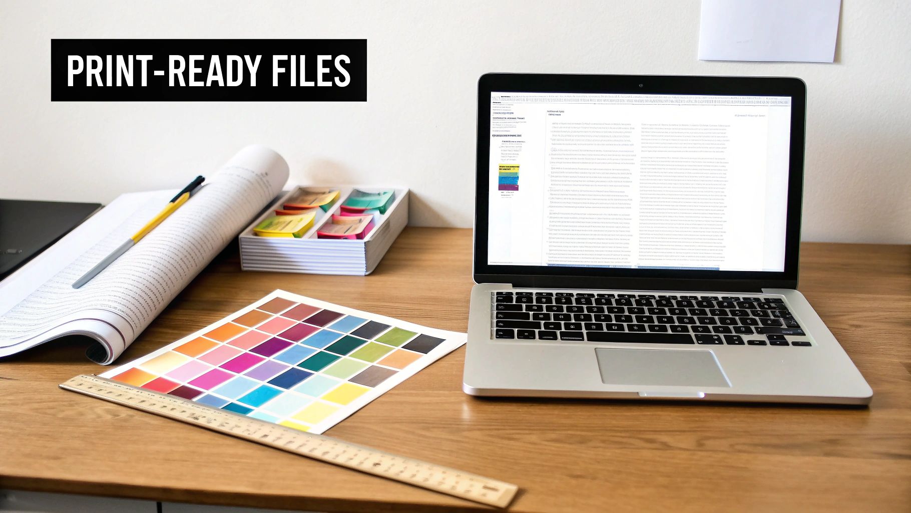 A print designer's desk with a laptop displaying text, color samples, and an open document.