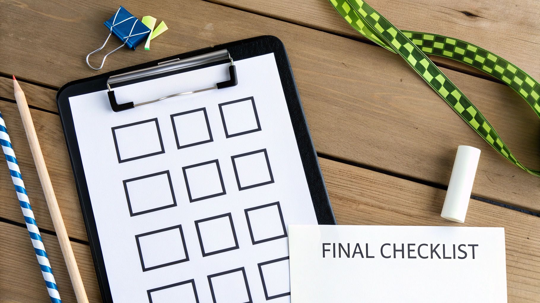 Overhead view of a 'FINAL CHECKLIST' on a clipboard with pencils and office supplies on a wooden table.