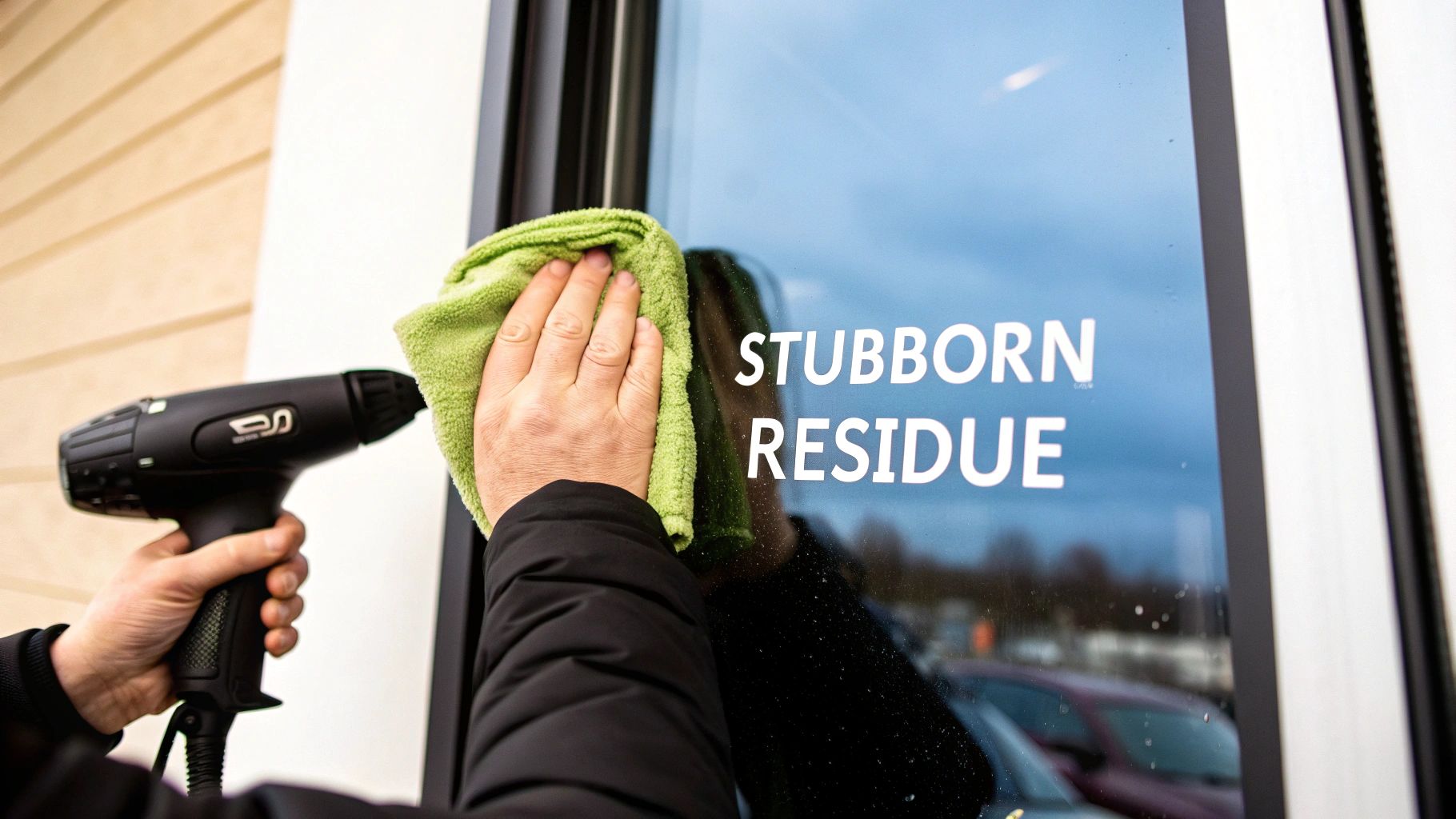 Close-up of hands using a heat gun and cloth to remove stubborn residue from a glass window.