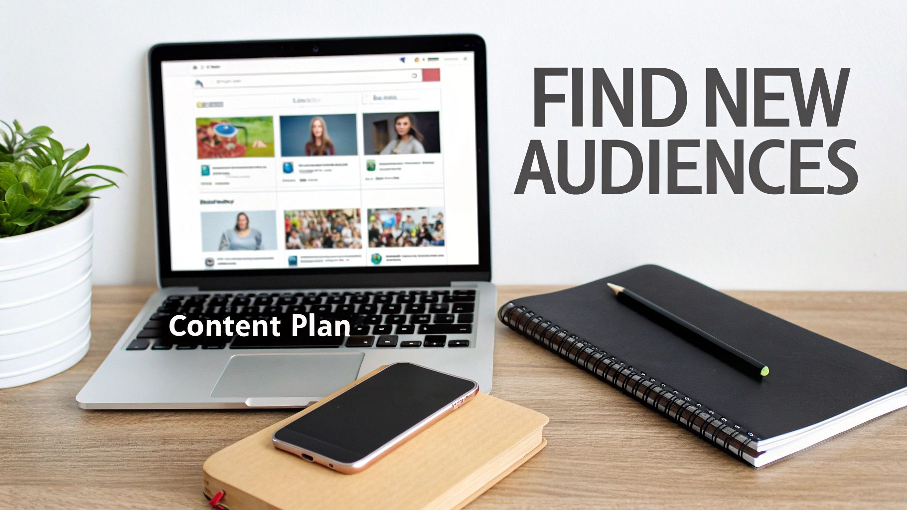 Laptop with 'Content Plan' and 'FIND NEW AUDIENCES' text, notebook, phone, and plant on a wooden desk.