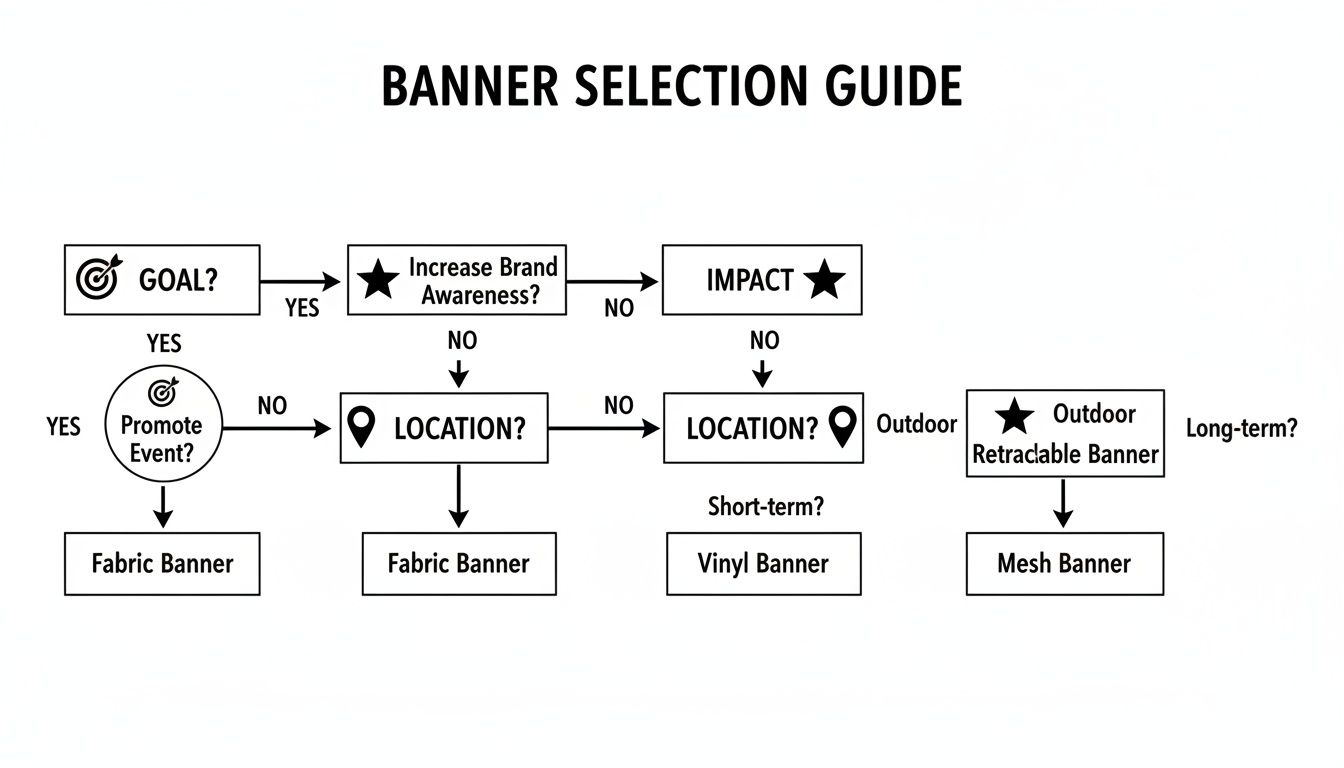 Flowchart guiding banner selection based on goals, impact, location, and duration, leading to specific banner types.