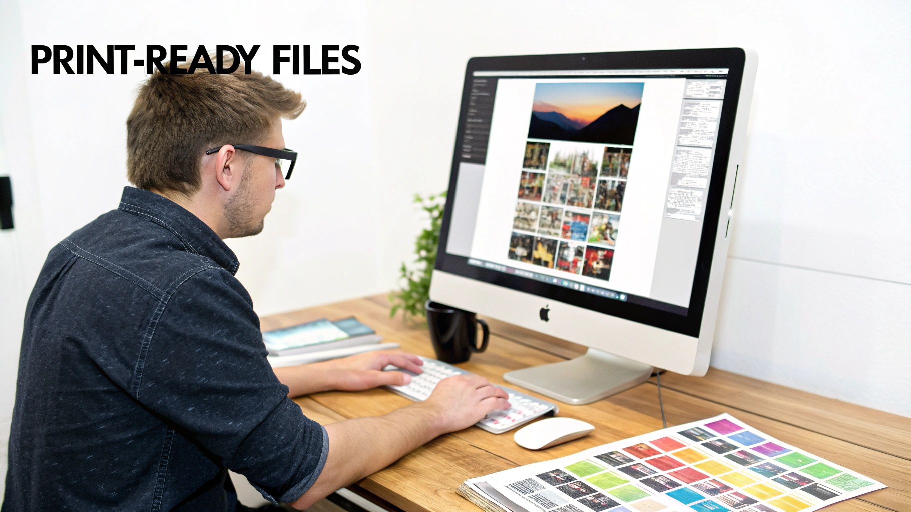 A man works at a desk, designing print-ready files on a large computer monitor.