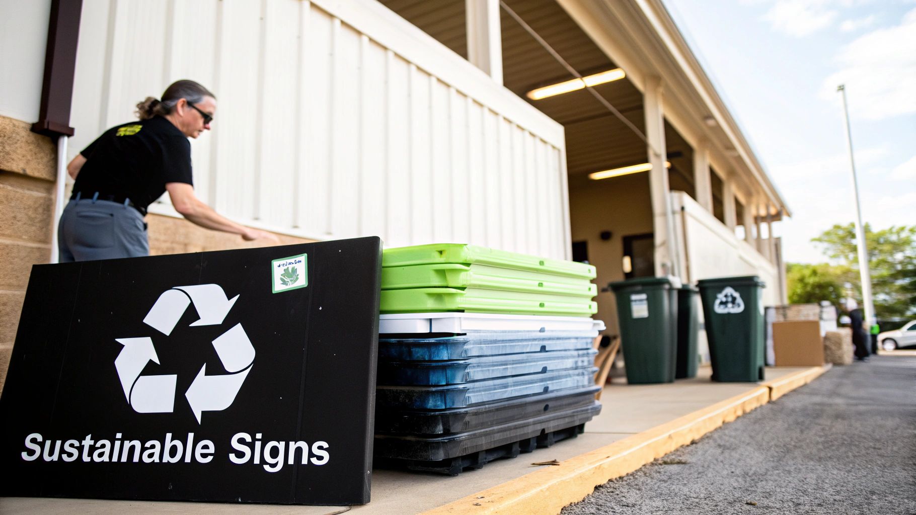 A person places items near a recycling sign and stacked plastic trays for sustainability.