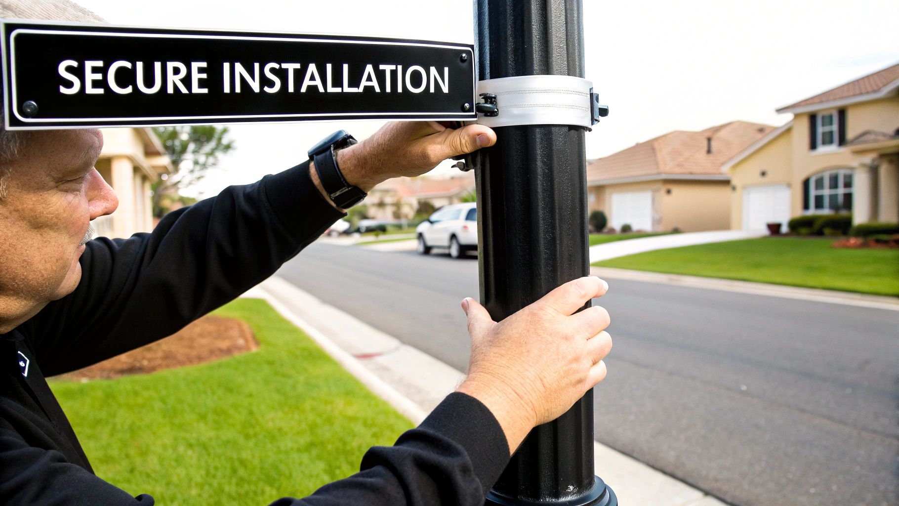 A person installs a 'SECURE INSTALLATION' sign onto a black pole in a residential neighborhood.