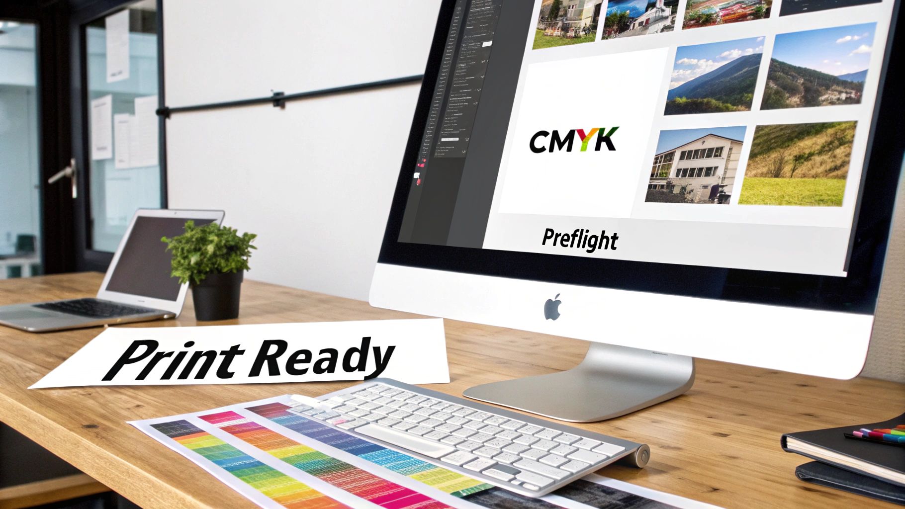 Modern workspace with a computer displaying CMYK preflight, a 'Print Ready' sign, and color swatches.