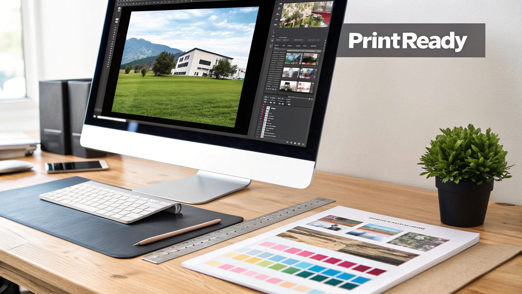 A graphic designer's desk with a monitor displaying image editing software and print-ready documents.