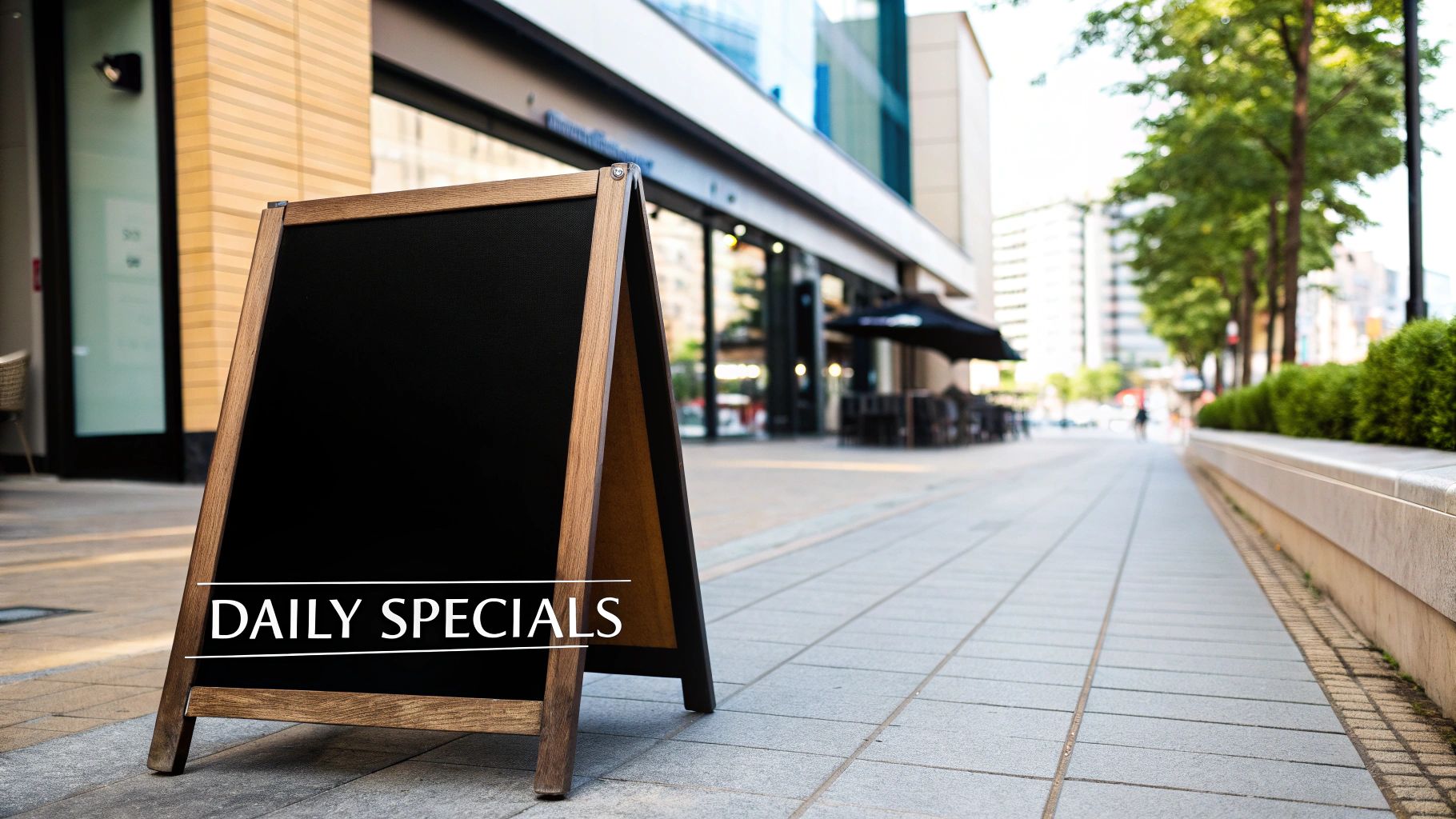 A black A-frame chalkboard sign with 'DAILY SPECIALS' stands on a city sidewalk outside a modern shop.