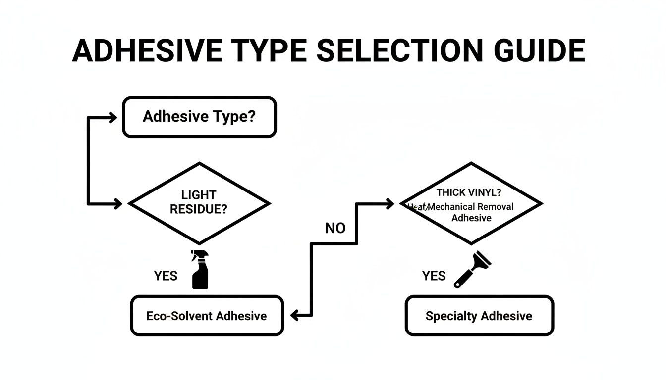 A flowchart titled 'Adhesive Type Selection Guide' for choosing the correct adhesive based on residue and vinyl thickness.