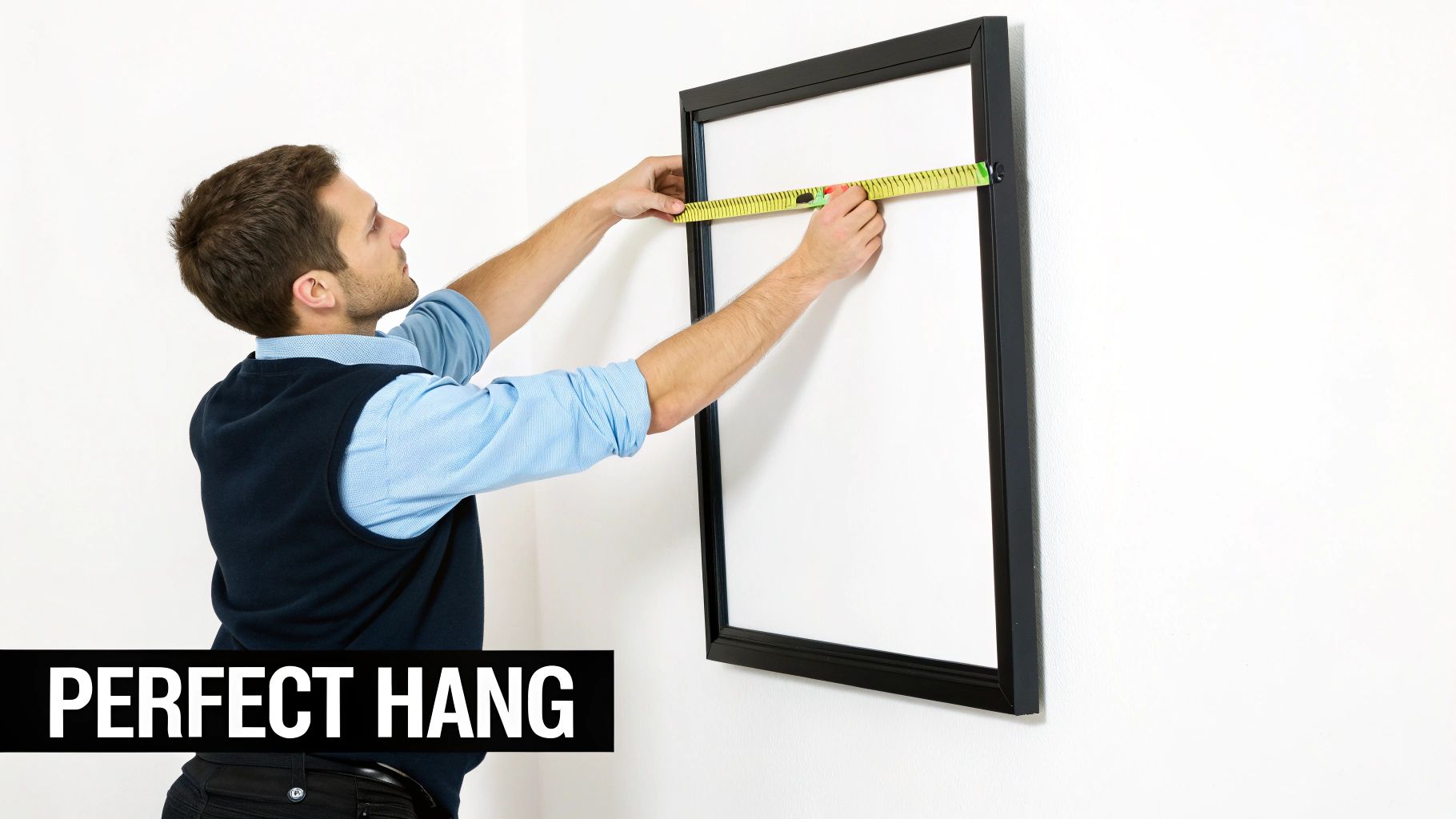 A man in a blue shirt and vest measures a black picture frame on a white wall.