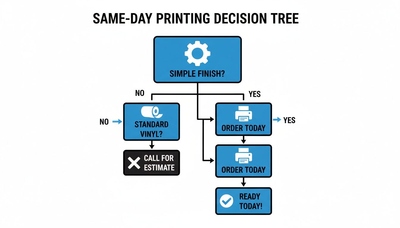 A same-day printing decision tree flowchart guiding users on ordering based on finish and material type.