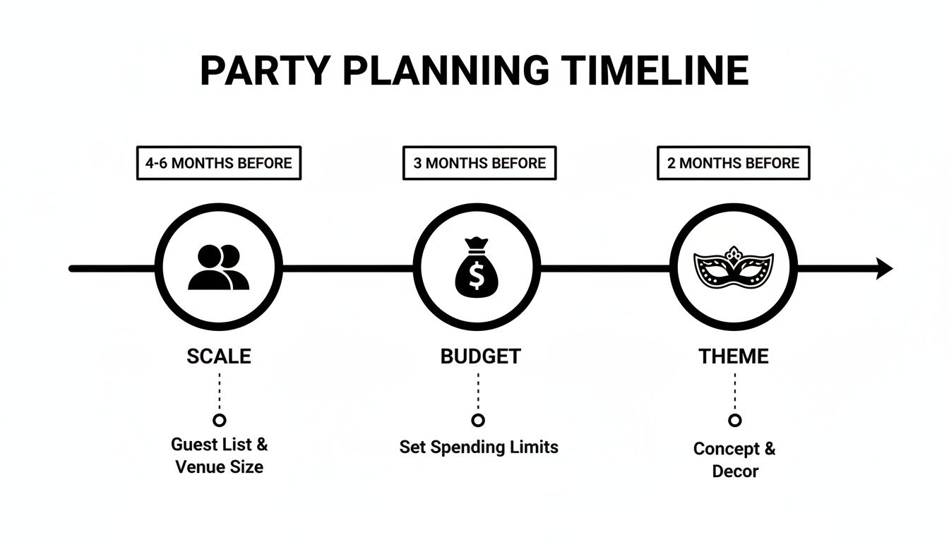 A party planning timeline with steps: scale, budget, and theme, scheduled months before.