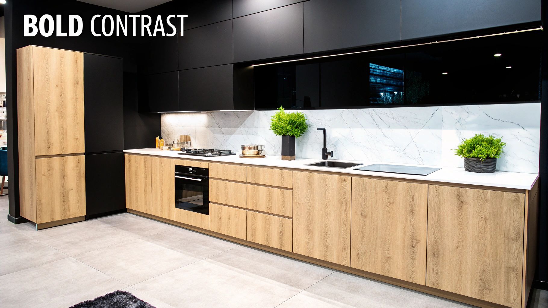 A modern kitchen with bold contrast featuring black upper cabinets and light wood lower cabinets.