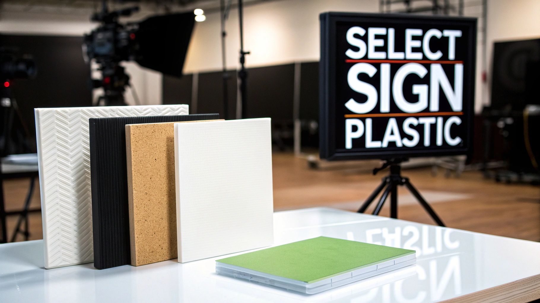 Various textured plastic sign samples on a table with a 'SELECT SIGN PLASTIC' screen in the background.