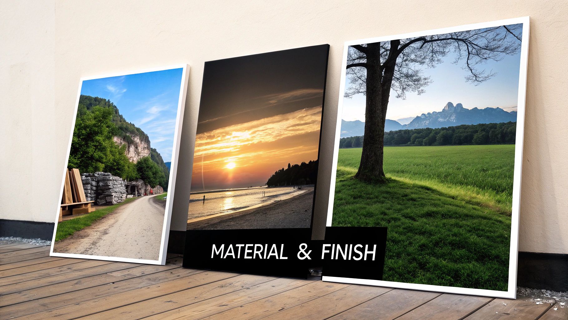 Three framed prints depicting diverse landscapes, leaning on a wooden floor against a light wall.