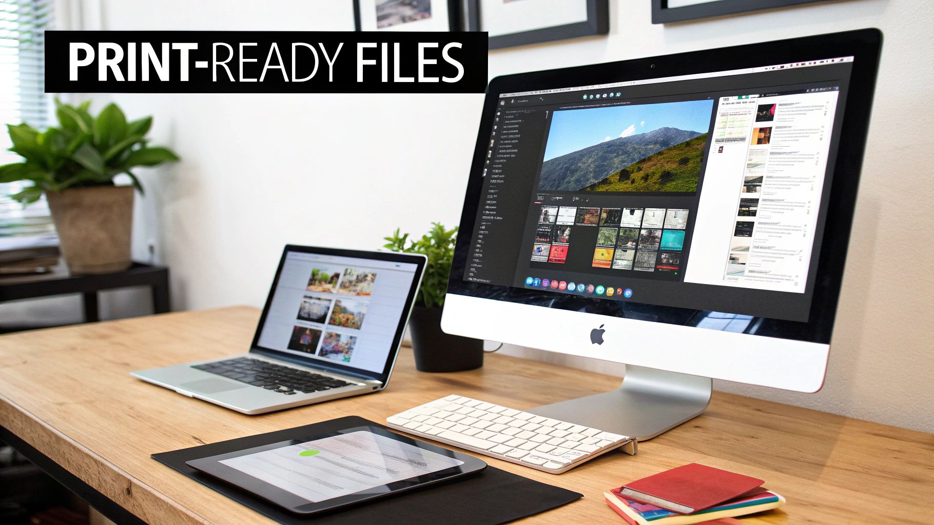A modern desk setup with Apple computers and an iPad, displaying design files, with text 'PRINT-READY FILES'.