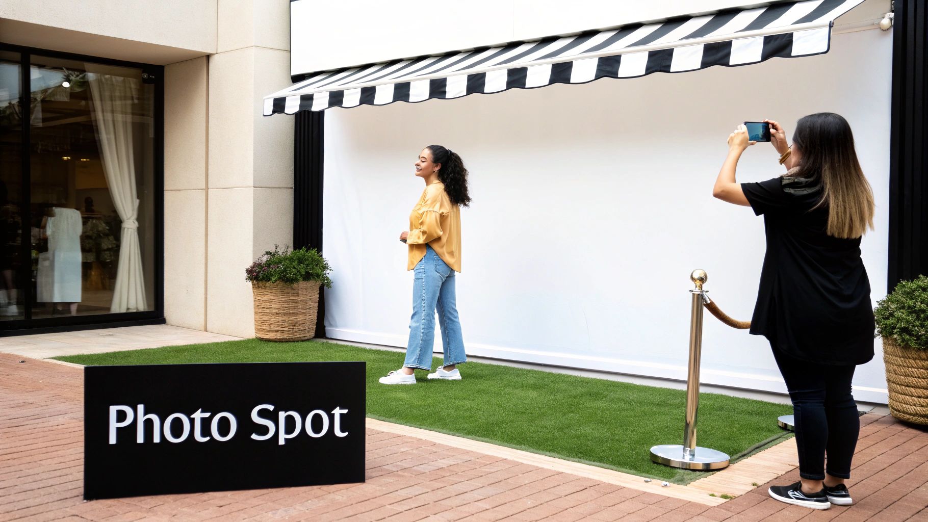 Two women at an outdoor photo spot: one poses while another takes her picture with a phone.