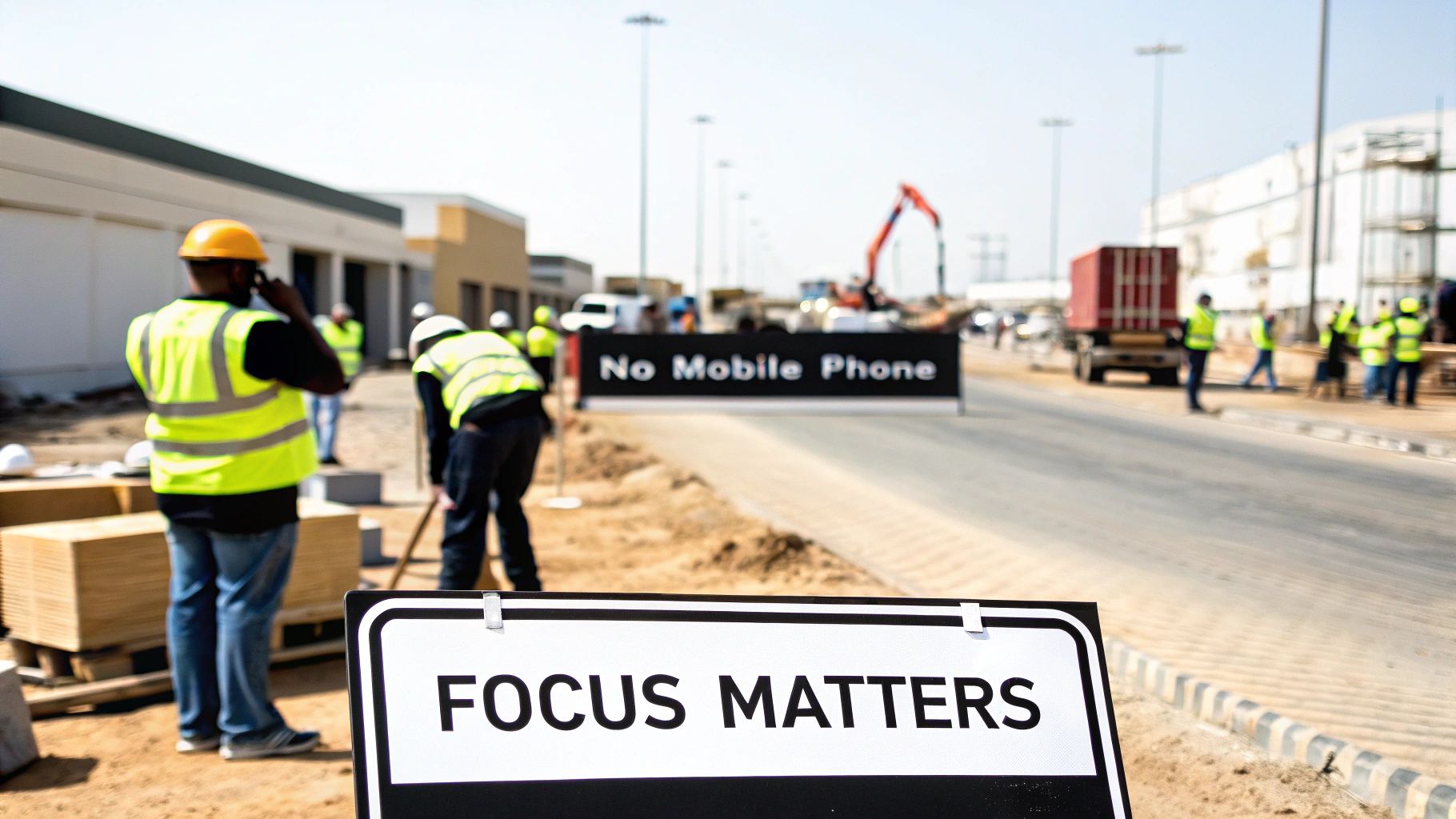 Construction site with workers, safety signs 'FOCUS MATTERS' and 'No Mobile Phone' promoting workplace safety.