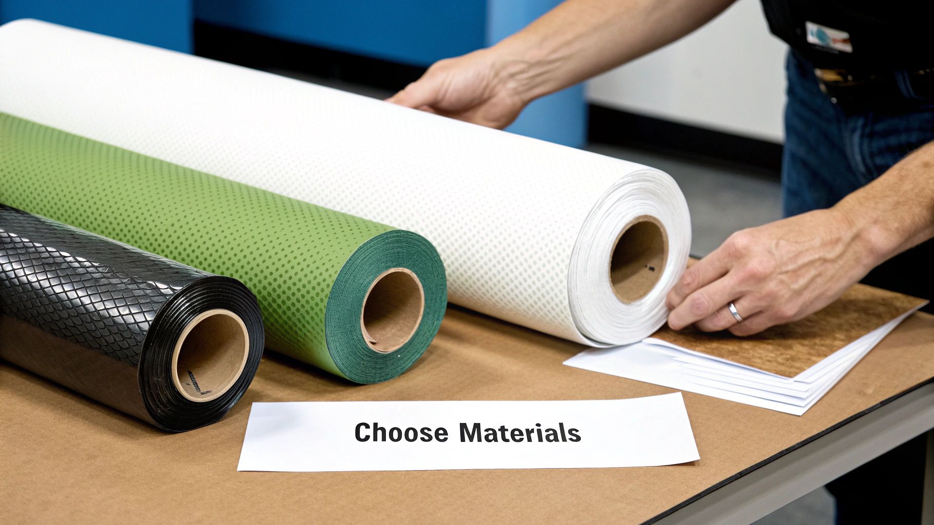 Three rolls of patterned materials (black, green, white) and wood samples on a table, hands selecting.