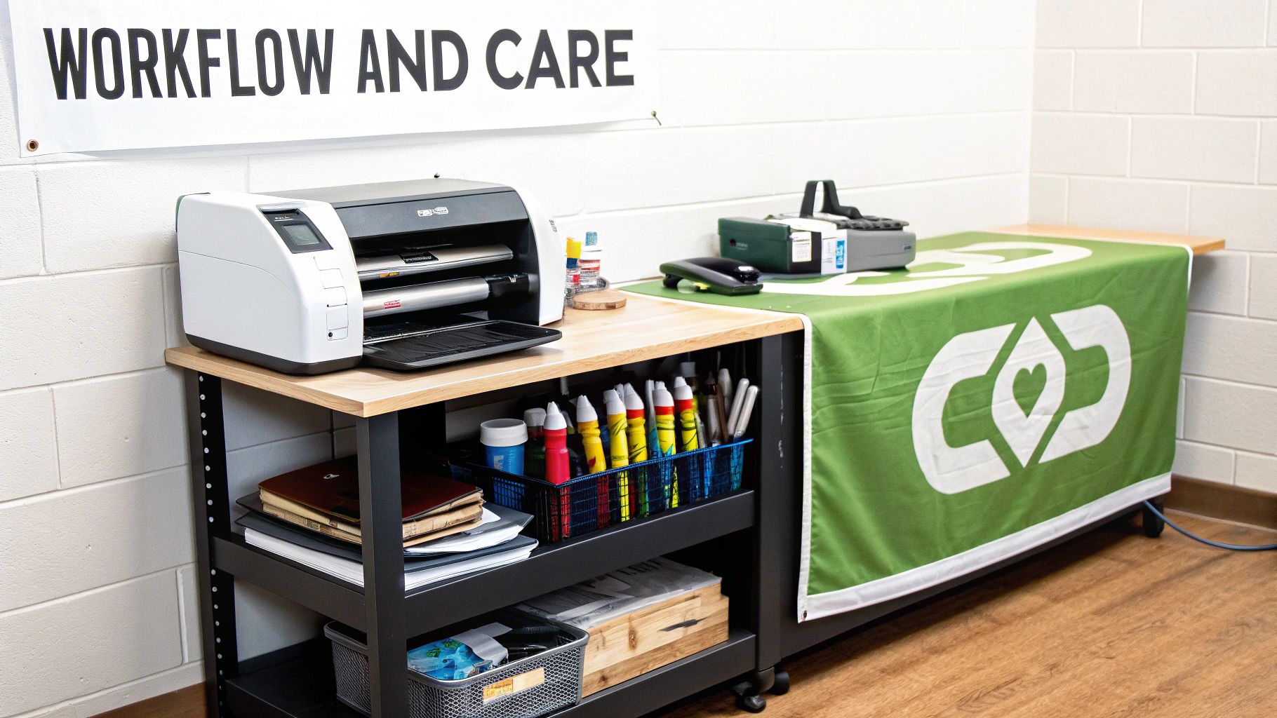 A specialized workstation with a white label printer, other equipment, and art supplies on a black rolling cart, under a 'WORKFLOW AND CARE' banner.