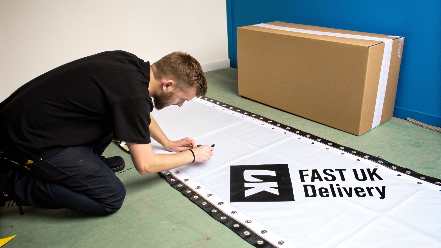 A man kneels, attaching grommets to a white 'FAST UK Delivery' banner on the floor.